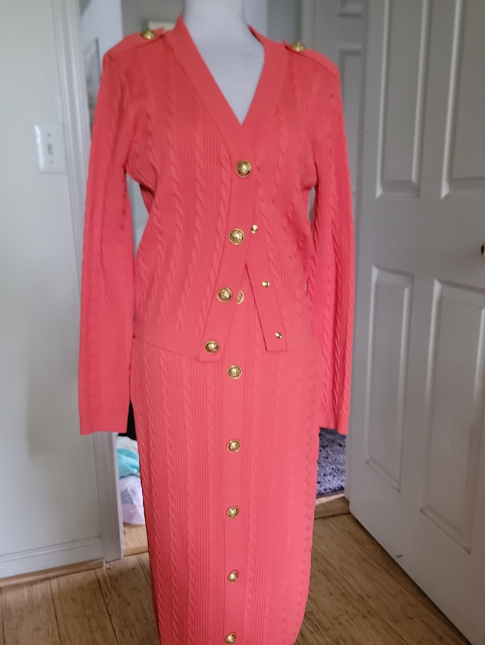 Inspired Coral Cable-Knit Button-Front Dress Set